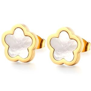 Gold and White Flower Earrings